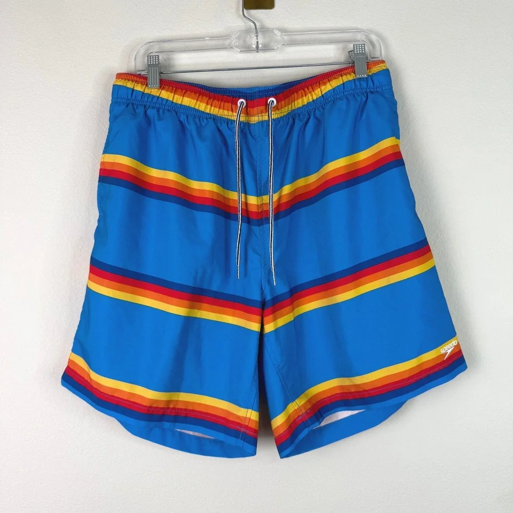 Speedo Swim Trunks Mens XL Blue Rainbow Striped Board Shorts Retro Mesh Lined